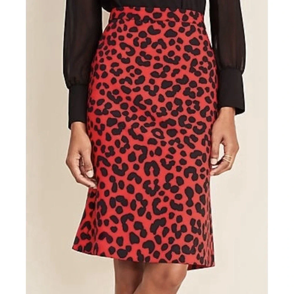 Ann Taylor Women's 14 Red Black Multi Animal Leopard Flounce Pencil Skirt NWOT